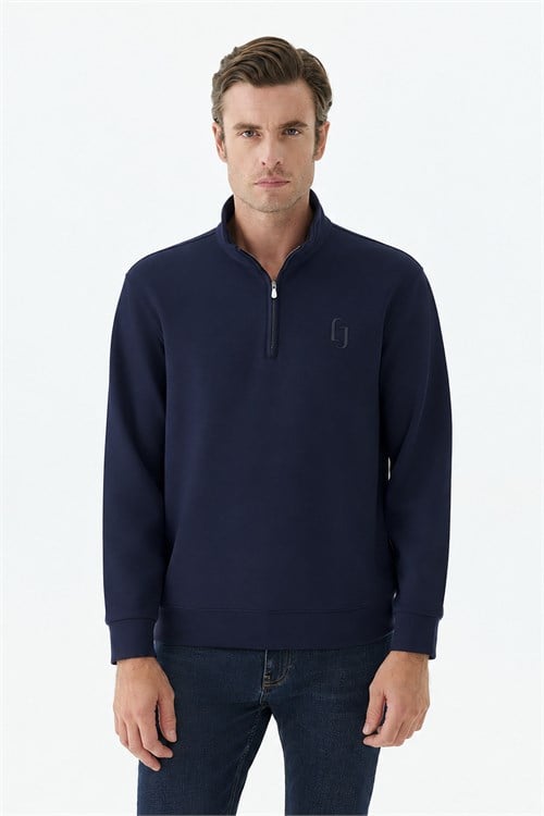 Lacivert Comfort Fit Fermuarlı Dik Yaka Rayon Sweatshirt