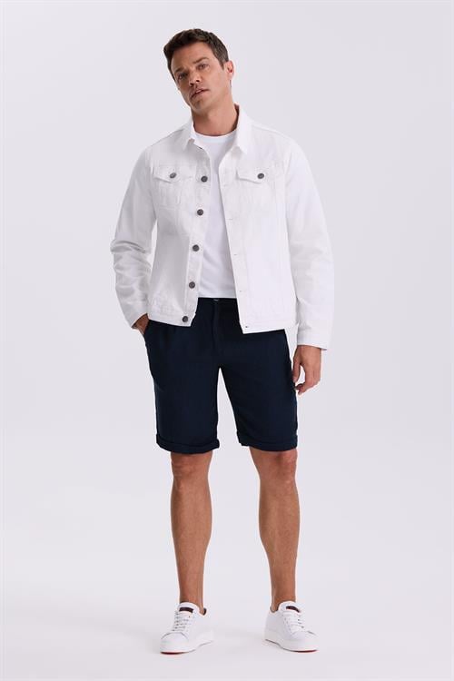 Koyu Lacivert Comfort Fit Keten Dokulu Rahat Kesim Duble Paça Şort