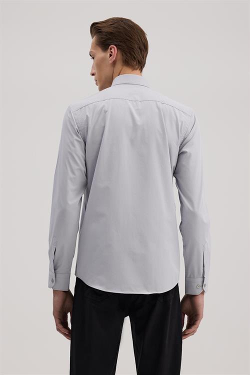 Gri Slim Fit İtalyan Yaka Klasik Kravatlık Pamuklu Gömlek