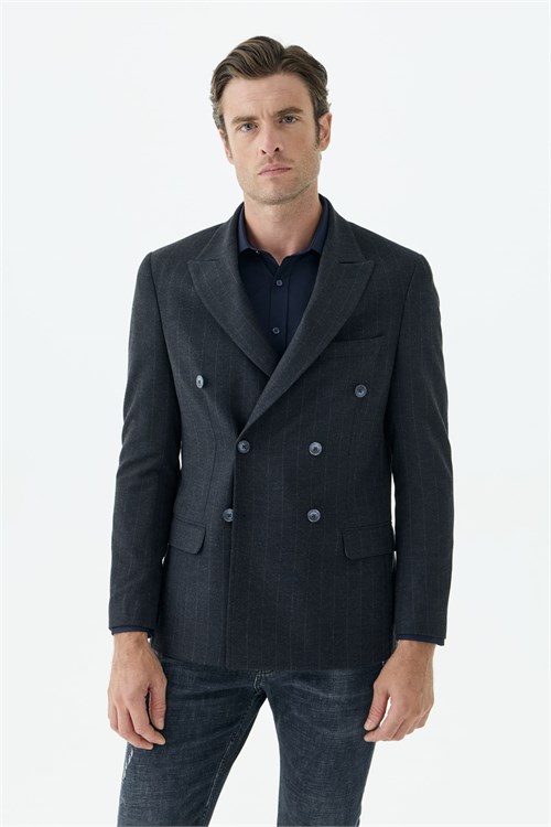 Lacivert Slim Fit Dik Yaka Kruvaze Ceket