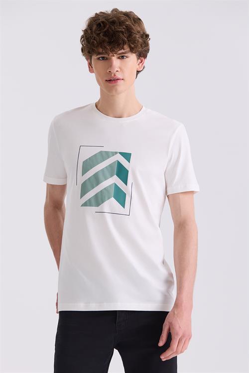 Ekru Slim Fit Bisiklet Yaka T-Shirt