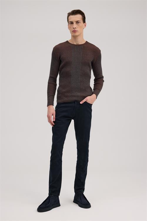 Antrasit Tarçın Slim Fit Desenli Bisiklet Yaka Triko