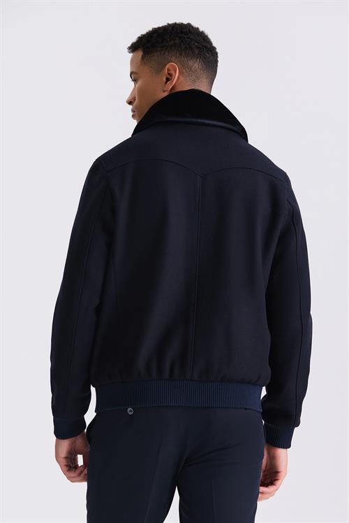 Lacivert Regular Fit Çıkarılabilir Kürklü Yaka Lastikli Yünlü Kaban Mont