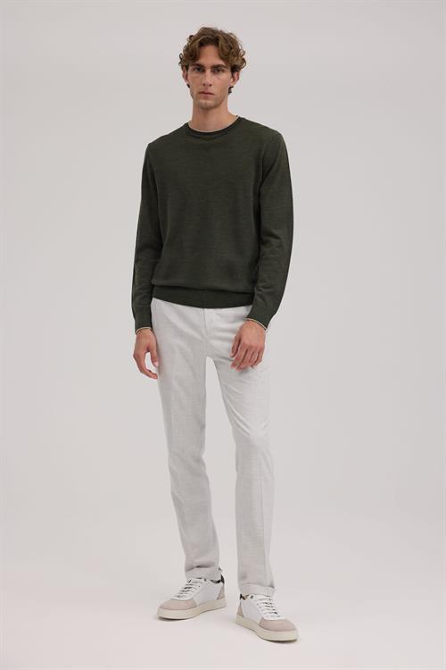 Zümrüt Yeşil Slim Fit Bisiklet Yaka V Tiftikli Yünlü Triko Kazak