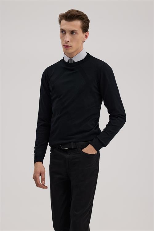 Siyah Slim Fit Desenli Bisiklet Yaka Triko