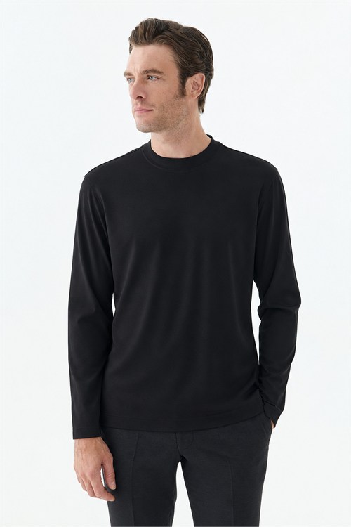 Siyah Comfort Fit Rayon Karışımlı Bisiklet Yaka Sweatshirt