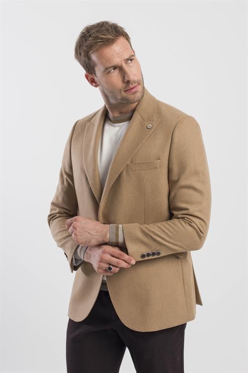 Taba Klasik Kalıp Yünlü Mono Yaka Ceket