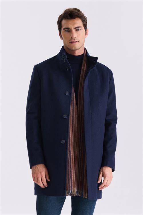 Lacivert Slim Fit Dik Yaka Balık Sırtı Desenli Yünlü Spor Kaban