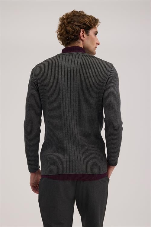 Antrasit Dar Kalıp - Slim Fit Triko Bisiklet Yaka