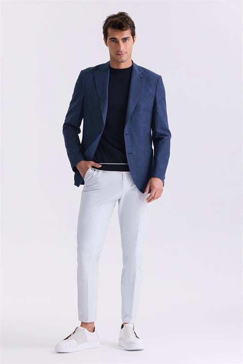 Koyu Lacivert Slim Fit Mono Yaka Keten Spor Ceket