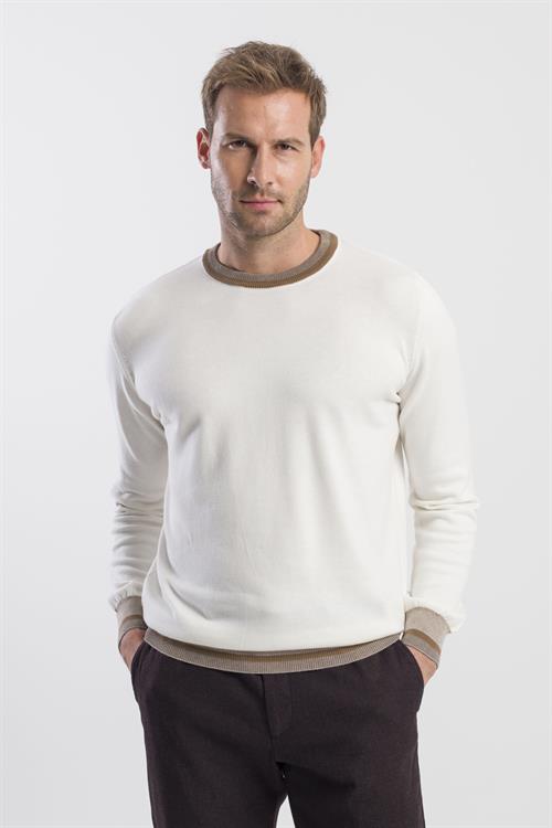 Ekru Slim Fit Bisiklet Yaka Triko Kazak