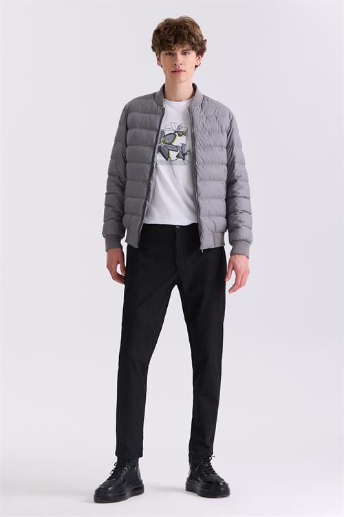 Gri Slim Fit Gömlek Yaka Mont