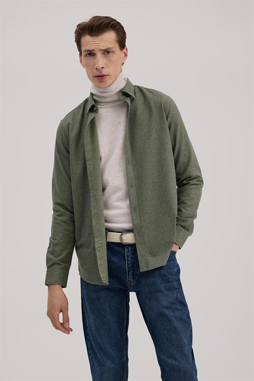 Yeşil Comfort Fit Desenli Pamuklu Düğmeli Yaka Gömlek