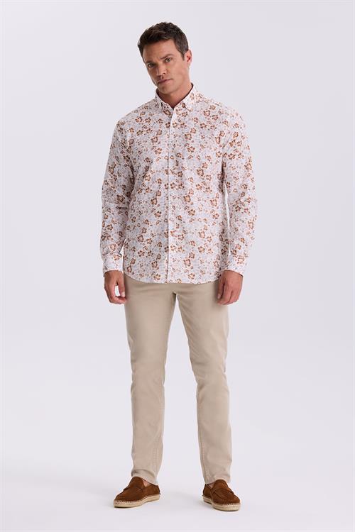 Kahve Çiçek Desenli Yaka Düğmeli Comfort Fit Gömlek