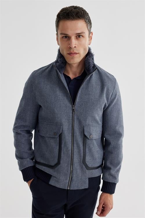 Lacivert Comfort Fit Kürklü yaka Yünlü Mont