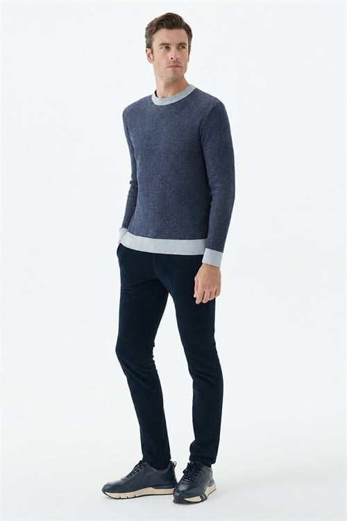 Lacivert Comfort Fit Desenli Bisiklet Yaka Triko