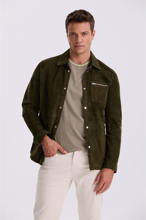 Haki Comfort Fit Bebe Yaka %100 Deri Mont 