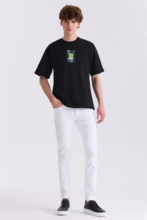 Siyah Over Size Baskılı Bisiklet Yaka T-Shirt