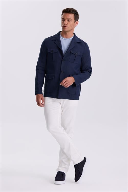 Lacivert Slim Fit Cepli Keten Pamuk Mevsimlik Safari Ceket 