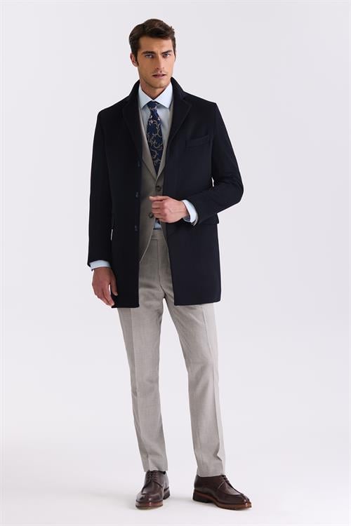 Koyu Lacivert Regular Fit Mono Yaka Yünlü Kaşe Kaban