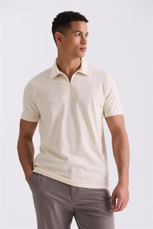 Bej Slim Fit Fermuarlı Polo Yaka T-Shirt