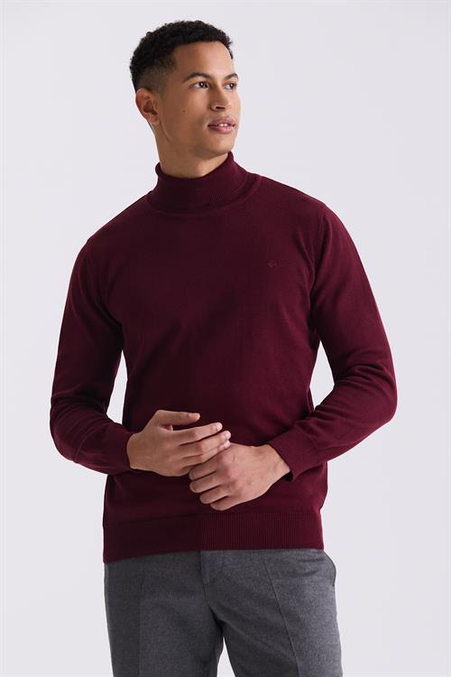 Bordo Slim Fit Tam Balıkçı Yaka Triko Kazak