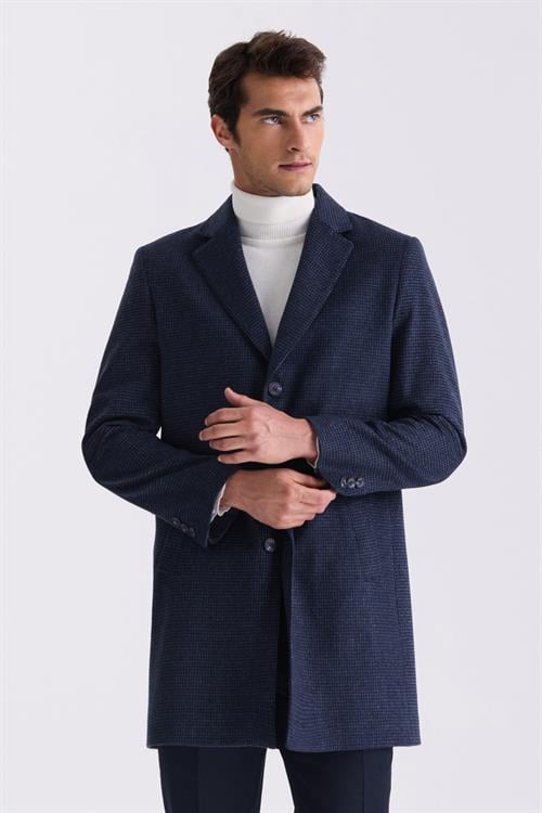 Lacivert Comfort Fit Mono Yaka Desenli Kareli Kaşe Kaban