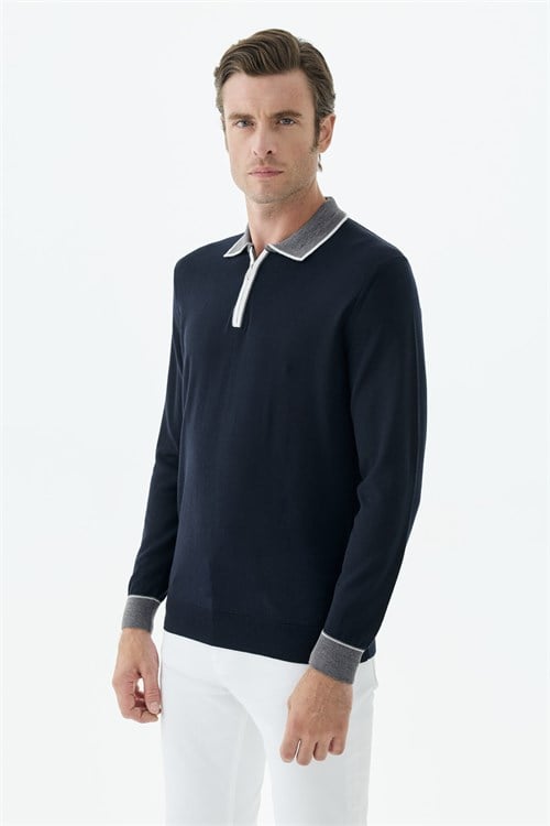 Lacivert Slim Fit Polo Yaka Fermuarlı Triko Kazak