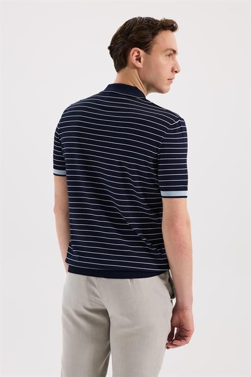 Lacivert Dar Kalıp - Slim Fit T-Shirt Polo Düğmeli