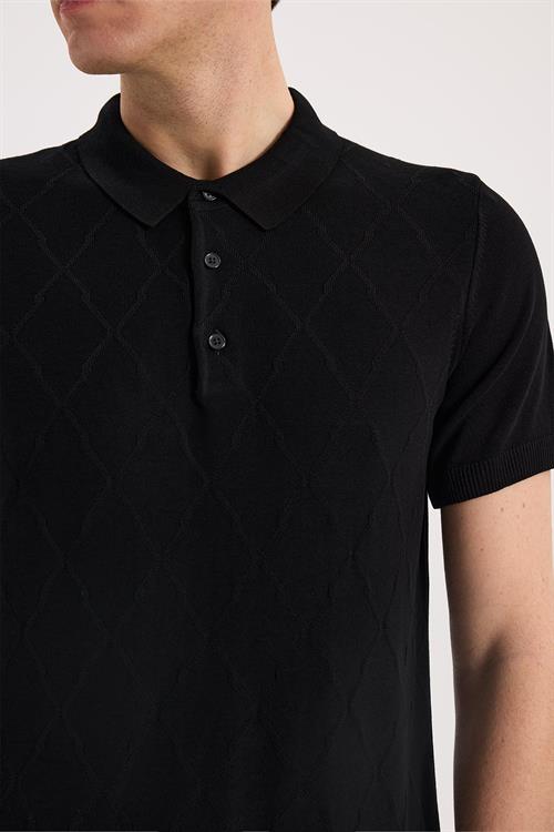 Siyah Dar Kalıp - Slim Fit T-Shirt Polo Düğmeli