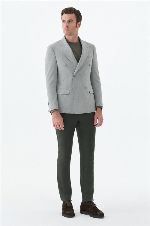 Gri Slim Fit Dik Yaka Kruvaze Ceket