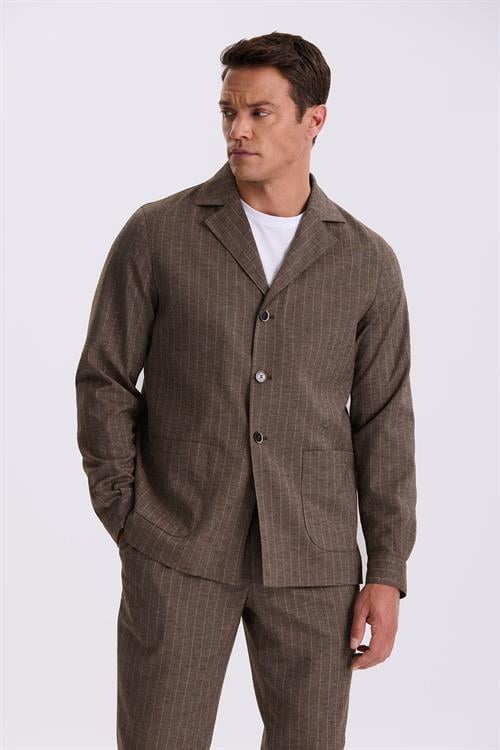 Kahve Slim Fit Apaş Yaka Keten Karışımlı Çift Yırtmaçlı Çizgili Takım Elbise