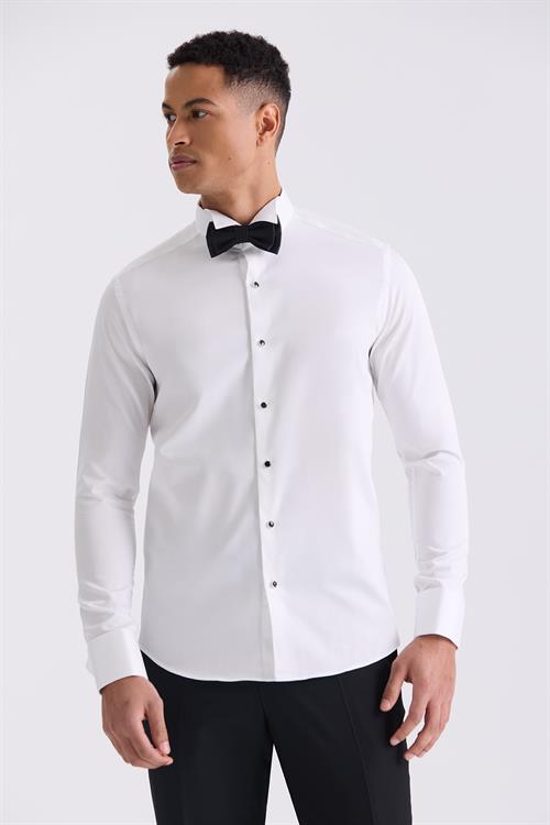 Beyaz Slim Fit Kol Düğmeli %100 Pamuk Ata Yaka Gömlek