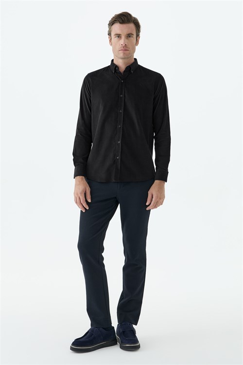 Siyah Comfort Fit %100 Pamuk Kadife Gömlek