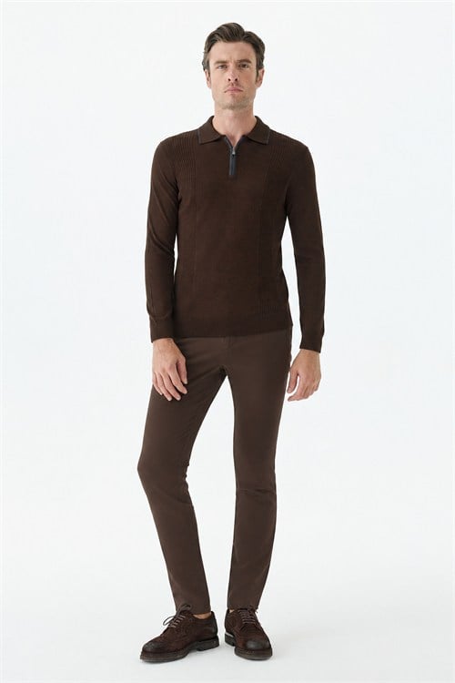 Kahve Comfort Fit Merinos Yünlü Fermuarlı Polo Yaka Triko