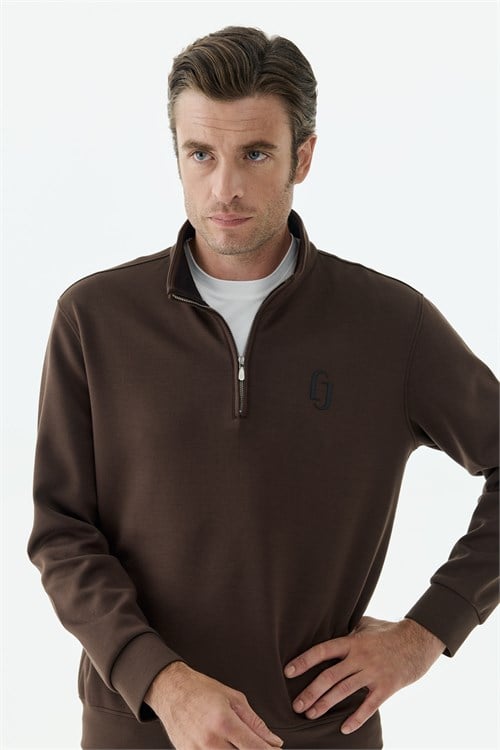 Kahve Comfort Fit Fermuarlı Dik Yaka Rayon Sweatshirt