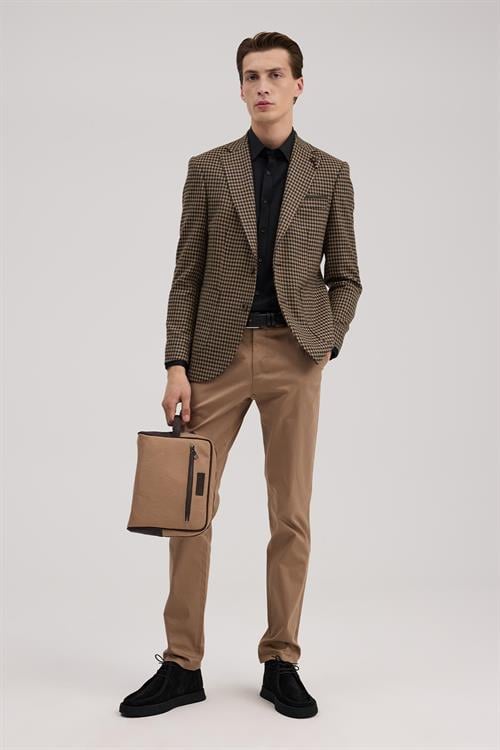 Kahve Dar Kalıp - Slim Fit Ceket Mono Yaka