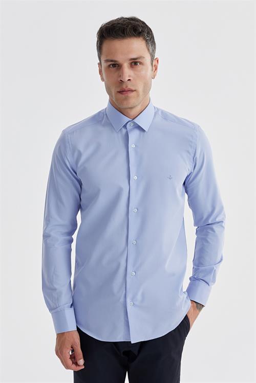 Mavi Slim Fit Pamuklu Klasik Kravatlık Gömlek