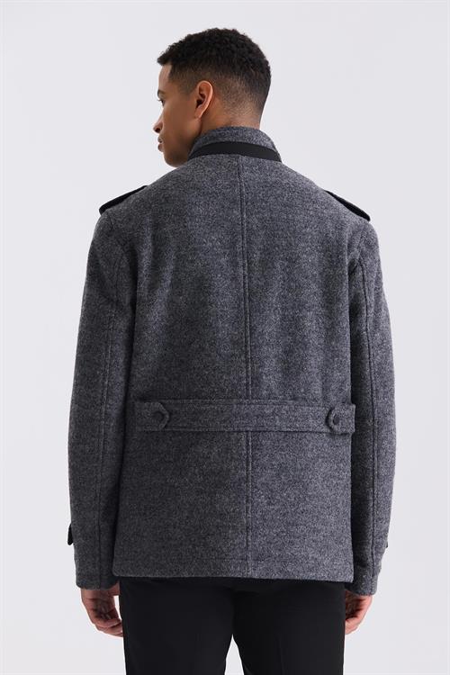 Antrasit Slim Fit Hakim Yaka Apoletli Desenli Spor Kaşe Kaban