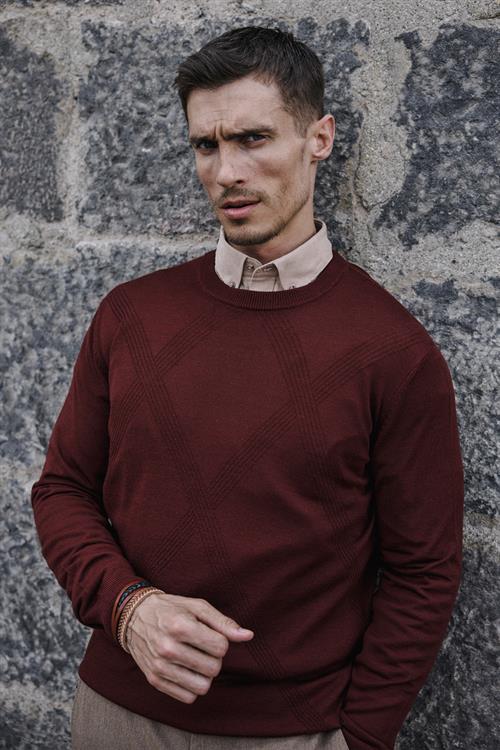 Kiremit Slim Fit Desenli Bisiklet Yaka Triko