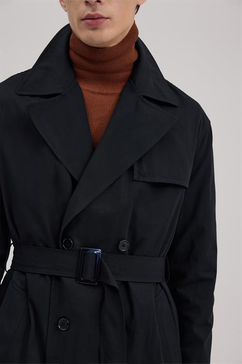 Lacivert Comfort Fit Kruvaze Uzun Kemerli Trençkot