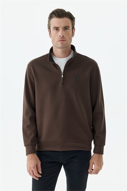Kahve Comfort Fit Fermuarlı Dik Yaka Rayon Sweatshirt