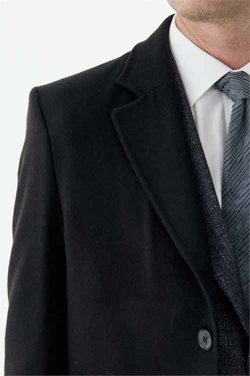 Siyah Comfort Fit Mono Yaka Yünlü Kaban