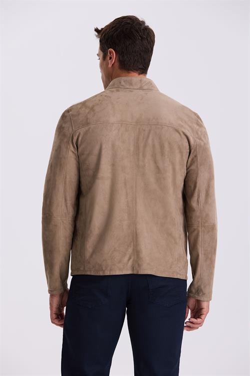 Bej Comfort Fit Dik Yaka Çift Taraflı %100 Deri Mont