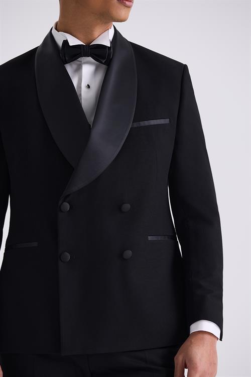 Siyah Slim Fit Sabit Şal Yaka Kruvaze Smokin Takım Elbise