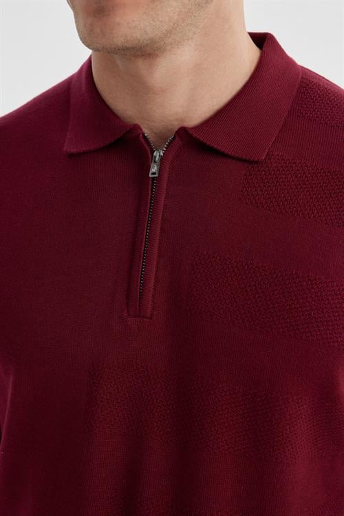 Bordo Slim Fit Pamuklu Desenli Fermuarlı Polo Yaka Triko Kazak