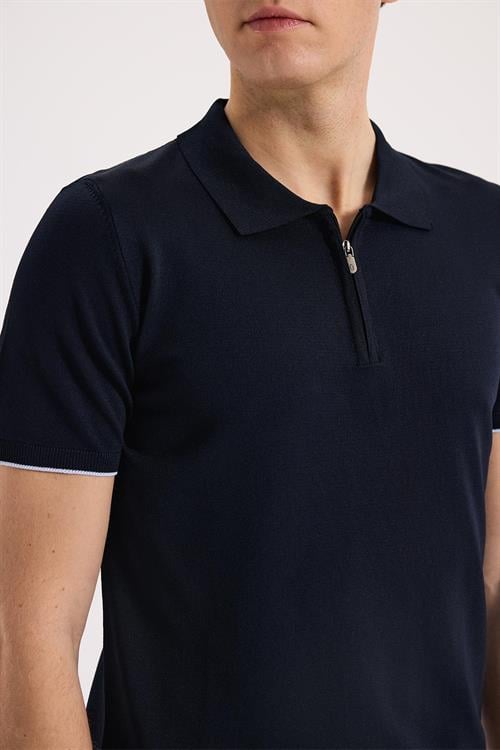 Lacivert Dar Kalıp - Slim Fit T-Shirt Polo Yaka Fermuarlı