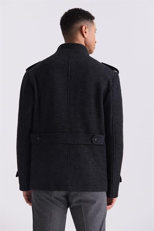 Siyah-1 Slim Fit Hakim Yaka Apoletli Desenli Spor Kaşe Kaban