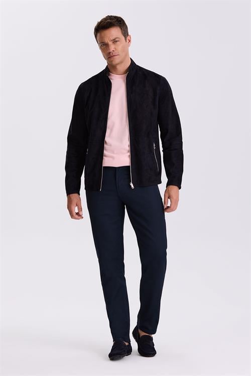 Lacivert Comfort Fit Dik Yaka Çift Taraflı %100 Deri Mont