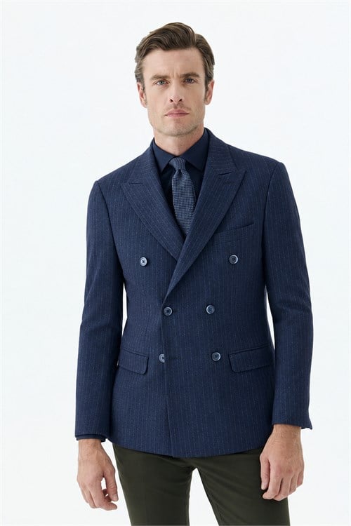 Lacivert Slim Fit Dik Yaka Çizgili Kruvaze Ceket